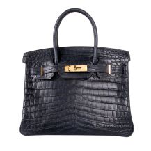 Hermes Birkin 30 in Navy Blue Crocodile with Gold Hardware, front view