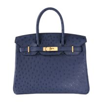 Hermes Birkin 30 in Bleu De Malte Ostrich with Gold Hardware, front view