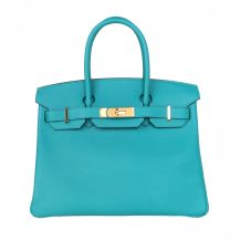 Hermes Birkin 30 in Peacock Blue Togo leather with Gold Hardware, front view