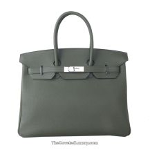 Hermes Birkin 35 in Forest Green Togo leather with Palladium Hardware, front view