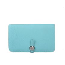 Front view of Hermes Dogon Long Passport Wallet Macaron Blue ToGo leather silver hardware