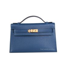 Hermes Kelly 22 in Deep Blue Chevre leather with Gold Hardware, front view