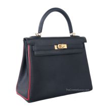 Hermes Kelly 25 in Black and Rouge Casaque Chevre leather with Gold Hardware, front view