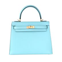 Hermes Kelly 25 in Bleu Atoll Epsom leather with Gold Hardware, front view