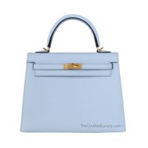 Hermes Kelly 25 in Bleu Brume Epsom leather with Gold Hardware, front view