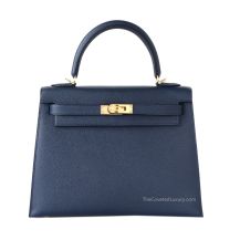 Hermes Kelly 25 in Bleu Nuit Epsom leather with Gold Hardware, front view