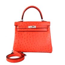 Hermes Kelly 25 in Bougainvillier Ostrich with Palladium Hardware, front view