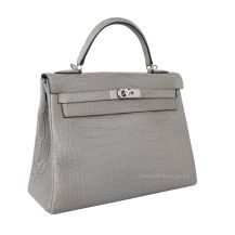 Hermes Kelly 28 in Gris Paris Niloticus Crocodile with Palladium Hardware, front view