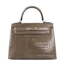 Hermes Kelly 28 in Gris Tourterelle Niloticus Crocodile with Palladium Hardware, front view