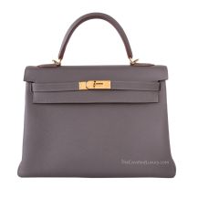 Hermes Kelly 32 in Étain Togo leather with Gold Hardware, front view