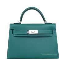 Hermes Mini Kelly II 20 in Peacock Green Epsom leather with Palladium Hardware, front view