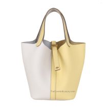 Hermes Picotin 18 in Milky White and Pale Yellow Taurillon Clemence leather with Palladium Hardware, front view