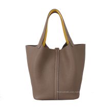 Hermes Picotin 18 in Étoupe and Jaune De Naples Togo leather with Palladium Hardware, front view