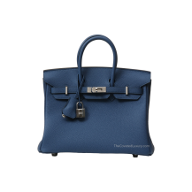 Hermes Birkin 25 Togo Leather Bleu Tie Palladium Hardware Front View