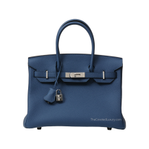Hermes Birkin 30 Togo Leather Bleu Tie Silver Hardware Front View