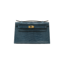 Hermes Kelly 22 Pochette Shiny Alligator Bleu Tempete Gold Hardware Front View