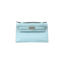 Hermes Kelly 22 Pochette Swift Leather Bleu Zéphyr Silver Hardware Front View