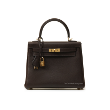 Hermes Kelly 25 Barenia Faubourg Calfskin Leather Ébène Gold Hardware Front View