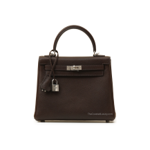 Hermes Kelly 25 Barenia Faubourg Calfskin Leather Ébène Palladium Hardware Front View