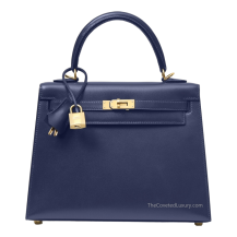 Hermes Kelly 25 Box Leather Bleu Saphir Gold Hardware Front View