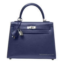 Hermes Kelly 25 Box Leather Bleu Saphir Palladium Hardware Front View