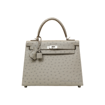Hermes Kelly 25 Ostrich Gris Perle Palladium Hardware Front View