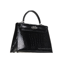 Hermes Kelly 25 Shiny Alligator Black Silver Hardware Angled View