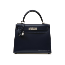 Hermes Kelly 28 Box Leather Bleu Saphir Palladium Hardware Front View