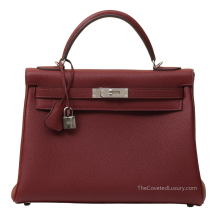 Hermes Kelly 32 Togo Leather Rouge H Silver Hardware Front View