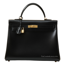 Hermes Kelly 35 Box Leather Noir Gold Hardware Front View