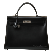 Hermes Kelly 35 Box Leather Noir Palladium Hardware Front View