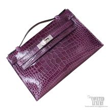 Hermes Cassis Purple N5 Crocodile Alligator Kelly 25 Bag Pochette Clutch