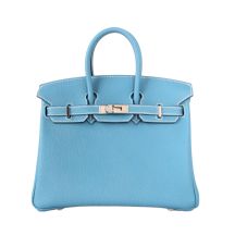 Front view of Hermes Birkin handbag in denim blue leather with silver hardware