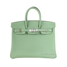 Hermes Birkin 25 in Avocado Green Chevre leather with Palladium Hardware, front view