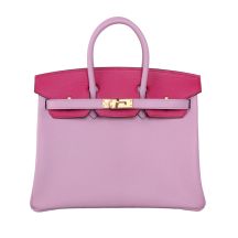 Hermes Birkin 25 in Mauve Purple and Bright Pink Chevre leather with Brushed Gold Hardware, front view
