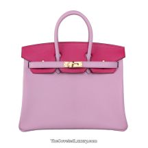Hermes Birkin 25 in Mauve Purple and Bright Pink Chevre leather with Brushed Gold Hardware, front view