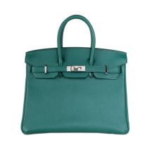 Hermes Birkin 25 in Peacock Green Chevre leather with Palladium Hardware, front view