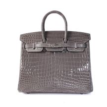Hermes Birkin 25 in Étain Niloticus Crocodile with Palladium Hardware, front view