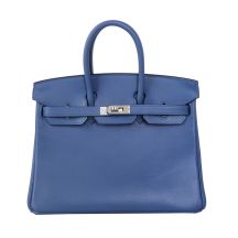 Hermes Birkin 25 in Brighton Blue Swift leather with Palladium Hardware, front view