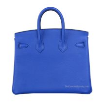 Hermes Birkin 25 in Bleu Zellige Togo leather with Gold Hardware, front view