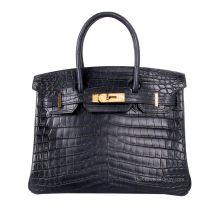 Hermes Birkin 30 in Navy Blue Crocodile with Gold Hardware, front view