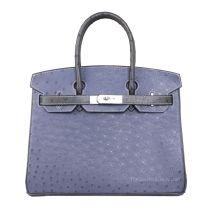 Hermes Birkin 30 in Bleu Agate and Etain Ostrich with Palladium Hardware, front view
