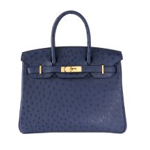 Hermes Birkin 30 in Bleu De Malte Ostrich with Gold Hardware, front view