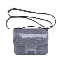Hermes Constance Mini 18 in Grey Niloticus Crocodile with Palladium Hardware, front view