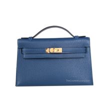 Hermes Kelly 22 in Deep Blue Chevre leather with Gold Hardware, front view