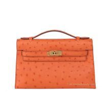 Hermes Kelly 22 in Orange Ostrich with Gold Hardware, front view