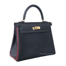 Hermes Kelly 25 in Black and Rouge Casaque Chevre leather with Gold Hardware, front view