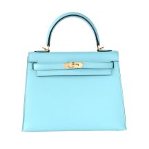 Hermes Kelly 25 in Bleu Atoll Epsom leather with Gold Hardware, front view