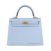 Hermes Kelly 25 in Bleu Brume Epsom leather with Gold Hardware, front view