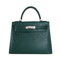 Hermes Kelly 28 in Forest Green Ostrich with Gold Hardware, front view
